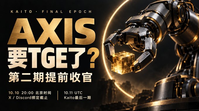 Promotional poster for 'KAITO · FINAL EPOCH / AXIS' featuring a robotic hand holding a glowing gold cube, with text in Chinese asking about a TGE ending early ('第二期提前收官') on 10.10 20:00 Beijing time and 10.11 UTC.