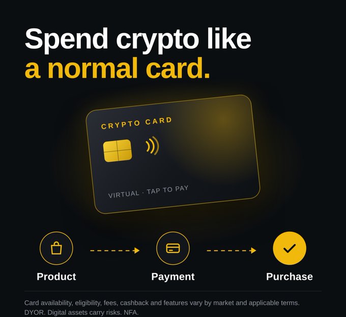 A black promotional graphic featuring the headline "Spend crypto like a normal card," displays a virtual "CRYPTO CARD" with a tap-to-pay chip and contactless symbol, illustrating a three-step purchase flow from "Product" to "Payment" to "Purchase," with a disclaimer noting that card availability and features vary by market. The image visually reinforces the post's message about how Binance Card enables seamless everyday crypto spending.