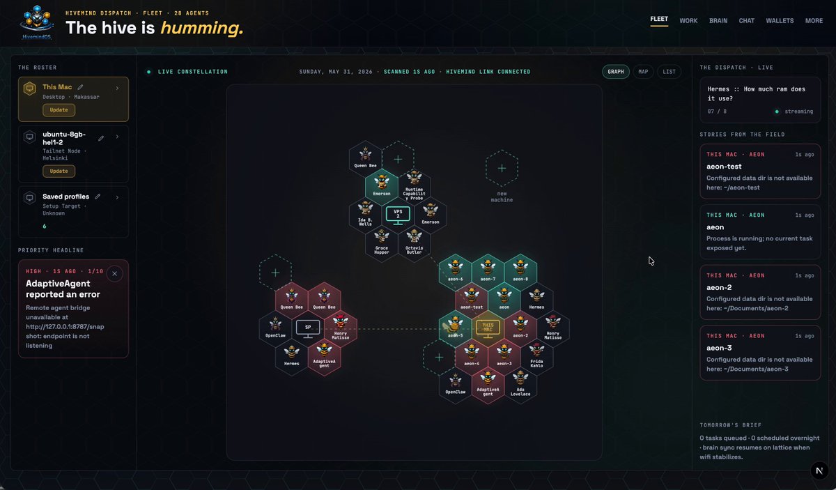 The image shows an Aeon dashboard with a black background displaying a game screen for "The hive is humming" from The Hive framework. The dashboard has various elements, including a list of players, a map of the game world, and a list of tasks that can be performed by the players. There are also options to add new players or perform specific actions in the game. The image suggests that this is an automated process where the hive mind handles the management of the game, while the players follow instructions provided on the dashboard.