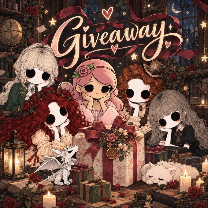 An anime-style 'Giveaway' illustration features five stylized characters with large black eyes gathered around a large gift box, accompanied by a small dragon and a white cat amidst roses and candles.