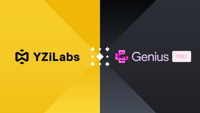 A split graphic showing the YZi Labs logo on a yellow background on the left and the Genius Pro logo on a dark background on the right.