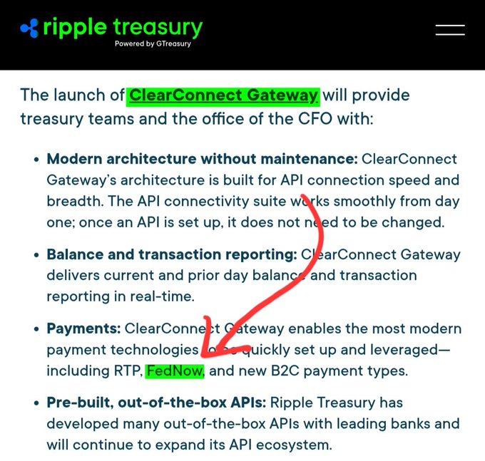 This image displays a screenshot from Ripple Treasury's website (Powered by GTreasury) detailing the launch of ClearConnect Gateway, with bullet points highlighting features like modern architecture, balance and transaction reporting, modern payment technologies (including RTP, FedNow, and B2C payment types), and pre-built APIs. A red hand-drawn arrow on the image points to "FedNow" in the Payments bullet point, which had "ClearConnect Gateway" highlighted in green at the top—directly tying to the post's mention of Ripple, FedNow, and Clear Connect.