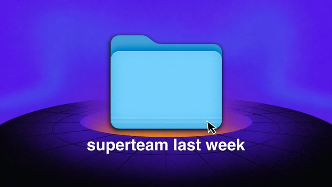 A blue folder icon sits on a glowing platform against a purple background, with a cursor hovering over it and the caption "superteam last week" displayed below, visually representing the weekly recap of Superteam activities mentioned in the post.