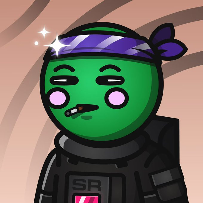 A cartoon-style green character with pink cheeks wearing a purple bandana and black tactical gear with 'SR' on it, smoking a cigarette with a sparkle effect near their head.