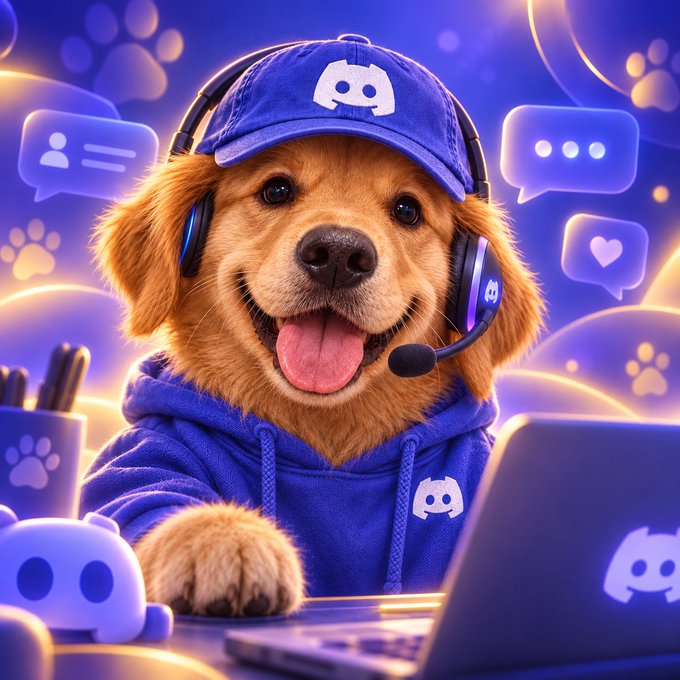 A digital illustration of a golden retriever wearing a Discord-branded blue cap, hoodie, and headset while sitting at a laptop with Discord icons floating around.