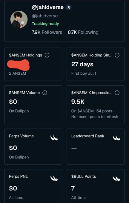 A screenshot of a crypto tracker dashboard for @jahidverse on X showing stats like 7.9K Followers, $ANSEM Holdings, $ANSEM Volume $0, $BULL Points 7, with several panels showing dash icons.