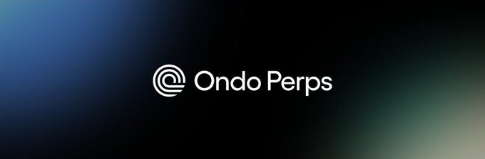The image features the "Ondo Perps" logo with its distinctive circular icon on a dark gradient background, serving as branding for the DeX platform referenced in the post about completing Week 1 with stats including $688.85K in volumes and a cost of $105.15.