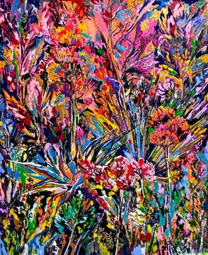 A vibrant, colorful impressionistic painting depicting a field of flowers with bright pinks, reds, oranges, and greens.