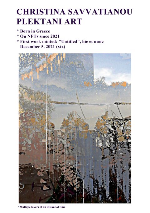An informational card introduces "CHRISTINA SAVVATIANOU PLEKTANI ART", noting she was born in Greece, has been on NFTs since 2021, with her first work "Untitled", "hic et nunc" December 5, 2021 (xtz), shown above an abstract painting described as "*Multiple layers of an instant of time".