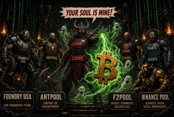 A fantasy artwork featuring demonic armored warriors labeled 'FOUNDRY USA - THE HASHRATE TITAN', 'ANTPOOL - EMPIRE OF HASHPOWER', 'F2POOL - OLDEST. STRONGEST. RELENTLESS.', and 'BINANCE POOL - GLODEEP. HASH. TOTAL DOMINANCE.', with 'CORE' characters shouting 'YOUR SOUL IS MINE!' in front of a Bitcoin symbol.