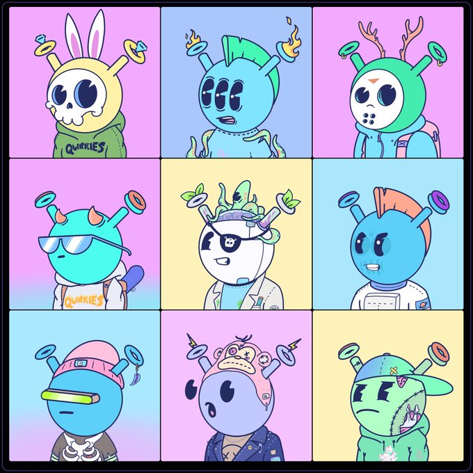 A 3x3 grid of cartoon alien-style NFT characters in colorful, pastel-shaded boxes with the word 'Quirkies' visible.
