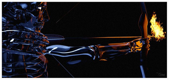 A metallic, chrome-like figure drawing back a bow with a flaming arrow against a dark background, signed 'Temi' in the corner.
