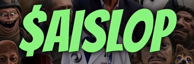 A bold green "$AISLOP" ticker text is overlaid on a montage of various AI character faces, visually reinforcing the post's emphasis on the token's emerging presence within the crowded AI crypto narrative.