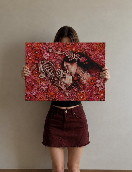 A woman in a maroon skirt holds up a vibrant red and pink floral painting depicting two skeletal figures embracing.