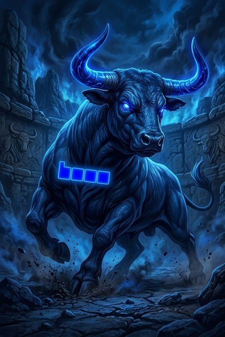 A powerful, glowing blue bull charges forward through a dark, stormy landscape, its intense eyes radiating dominance. On its side is the "Base" logo (▀▀▀▀ in a blue square), tying into the post's message about strong bulls thriving on strong foundations—mirroring how Base provides a solid platform for bullish crypto momentum.