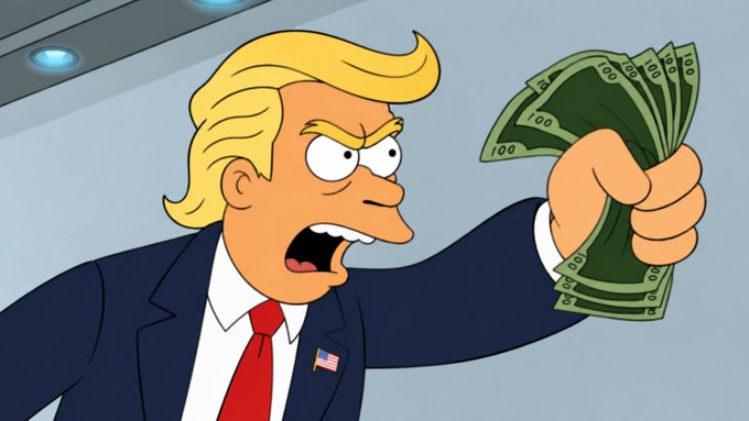 An animated cartoon character resembling Donald Trump in a blue suit and red tie, angrily holding up a fan of hundred-dollar bills.