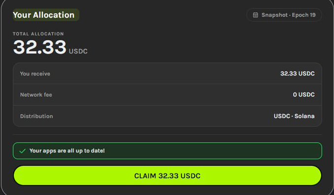 The image shows the Grass app's "Your Allocation" dashboard, displaying a total of 32.33 USDC to claim for Snapshot Epoch 19, with 0 network fee and distribution via USDC on Solana. It corresponds to the post by showing the first option (Grass Wallet claim) with a green "CLAIM 32.33 USDC" button, confirming apps are up to date and ready for users to collect their Stage 2 rewards.