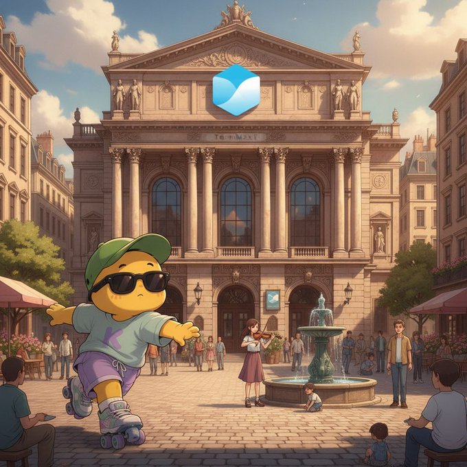 Anime-style illustration of a yellow character wearing sunglasses, a green cap, and roller skates in front of an ornate European building (with a blue Sui logo overlay), surrounded by people near a fountain.