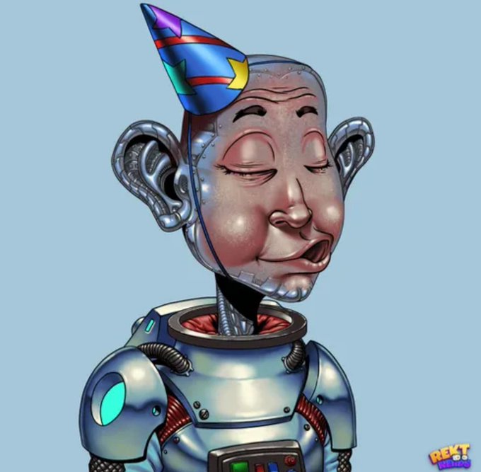 A digital illustration of a metallic robot head with exaggerated human-like facial features wearing a small blue party hat, marked 'REKT' in the corner.