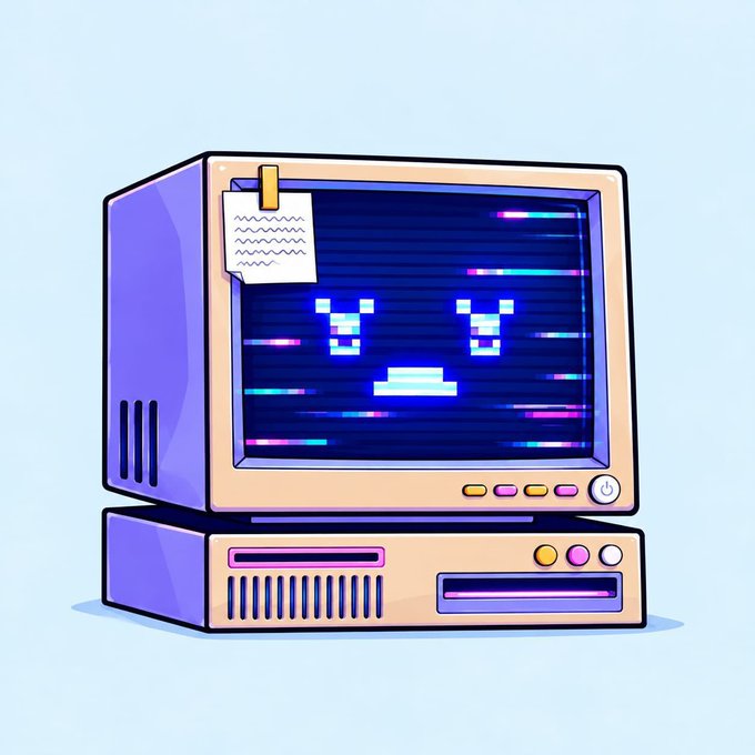 A stylized illustration of a vintage purple and beige CRT computer monitor displaying a glitchy pixel-art face on its screen, with a matching tower below.