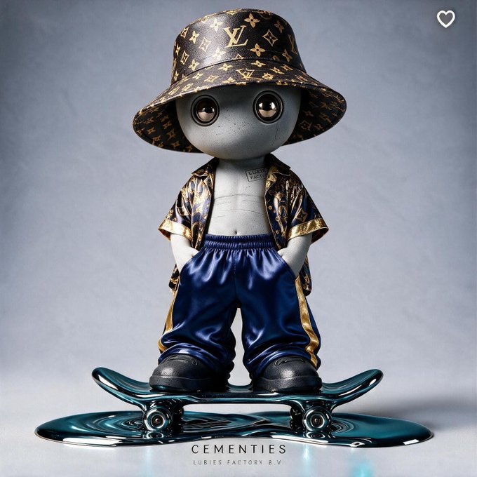 A designer figurine wearing a monogram Louis Vuitton bucket hat, a matching shirt, and blue satin pants stands on a skateboard on a gray background with 'CEMENTIES' text.
