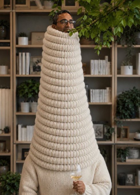 A man wrapped in an oversized, elongated cream-colored knit sweater/scarf, holding a glass of white wine in front of a bookshelf with plants.