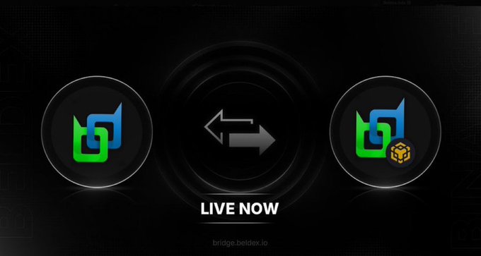 Promotional graphic for a blockchain bridge service showing a 'LIVE NOW' exchange between two token logos, with 'bridge.beldex.io' displayed at the bottom.