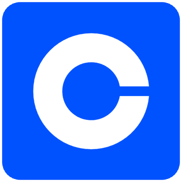 A bold white "C" logo, the recognizable emblem of Coinbase, is centered on a vibrant blue square background, symbolizing the exchange mentioned in the rumor that Coinbase will be listing the $CASHCAT token.