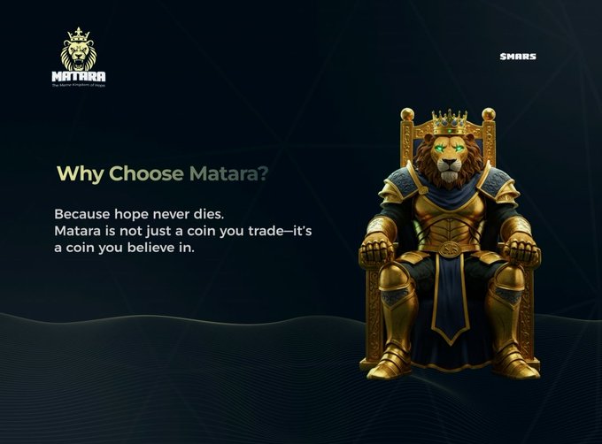 The image features a golden lion statue sitting on a throne, with a banner above it that reads "Why choose Matara?". The lion's regal pose and the presence of the banner suggest that this could be an advertisement or promotional material for a product related to the character Matara from the video game series "MARS".