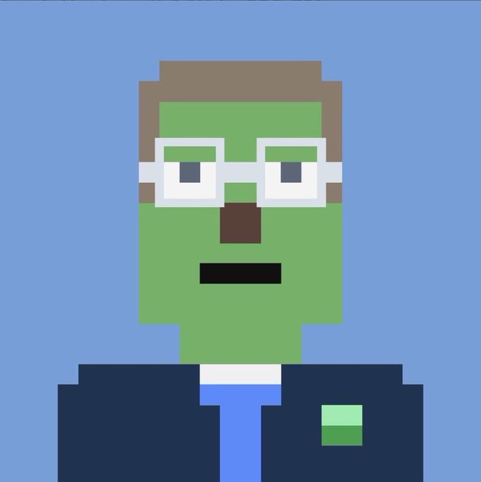 A pixel art style portrait of a green-skinned character wearing white square glasses, brown hair, and a dark suit with a green badge on a light blue background.