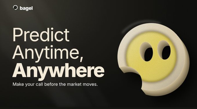 A black-and-cream advertisement for “bagel” reads “Predict Anytime, Anywhere” and “Make your call before the market moves,” beside a cartoon bagel character.