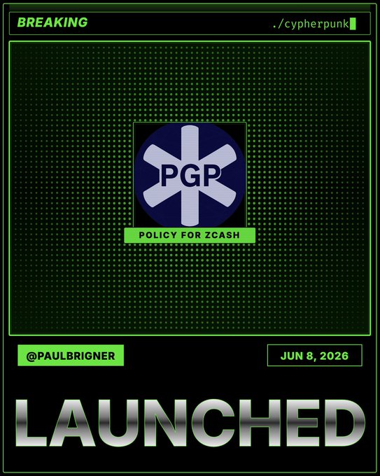 The image features a poster with a green background that displays the text "BREAKING: @paulbrigner just launched PGPZ, a policy initiative based in Washington D.C. to make sure Zcash is well understood by key policy makers." The poster also includes a small logo of a blue circle with an X inside it and the words "POLICY FOR ZASH" written below it.