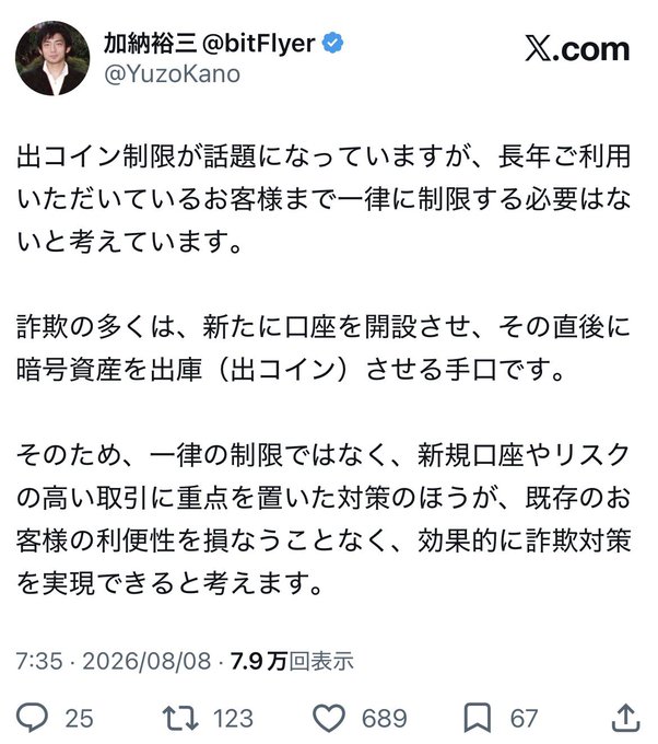 A screenshot of a tweet from bitFlyer CEO Yuzo Kano (@YuzoKano / @bitFlyer) dated August 8, 2026, stating that while crypto withdrawal restrictions are being discussed, long-term customers shouldn't be uniformly restricted, since most fraud involves newly opened accounts immediately withdrawing funds—suggesting targeted measures on new accounts and high-risk transactions would be more effective without inconveniencing existing users. The tweet has 7.9万 (79,000) views, 25 replies, 123 retweets, 689 likes, and 67 bookmarks.