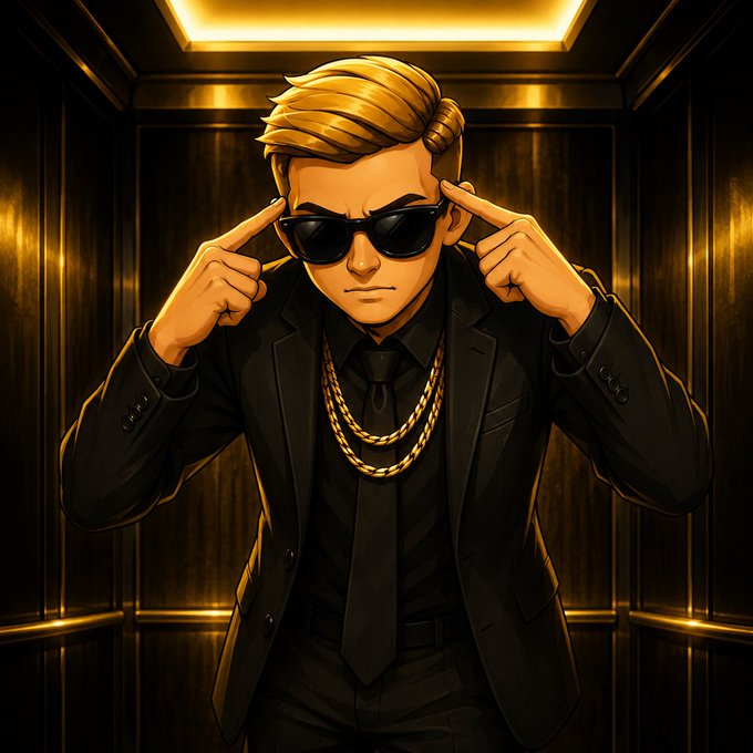 An anime-style illustration of a confident blonde man in a black suit, tie, and gold chain, wearing sunglasses and pointing to his temples with both fingers, set against a golden-lit elevator background.