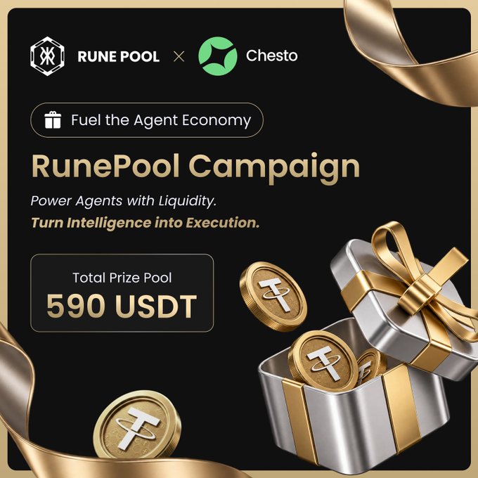 The image is a promotional graphic for the "RunePool Campaign" co-branded with Chesto, advertising a "Fuel the Agent Economy" initiative with a total prize pool of 590 USDT. It features gold and silver gift boxes overflowing with Tether (USDT) coins alongside gold ribbons, visually reinforcing the post's message that RunePool provides the liquidity capital AI agents need to execute onchain strategies.