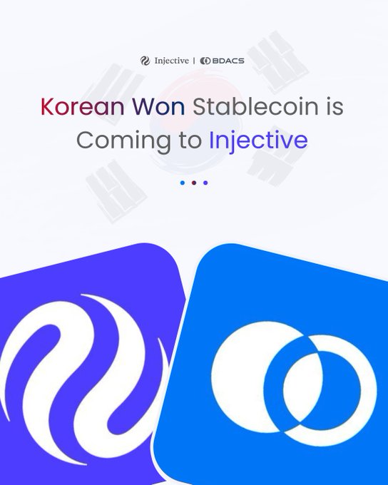 A promotional graphic reading “Korean Won Stablecoin is Coming to Injective,” with Injective and BDACS logos and large blue-purple logo panels.