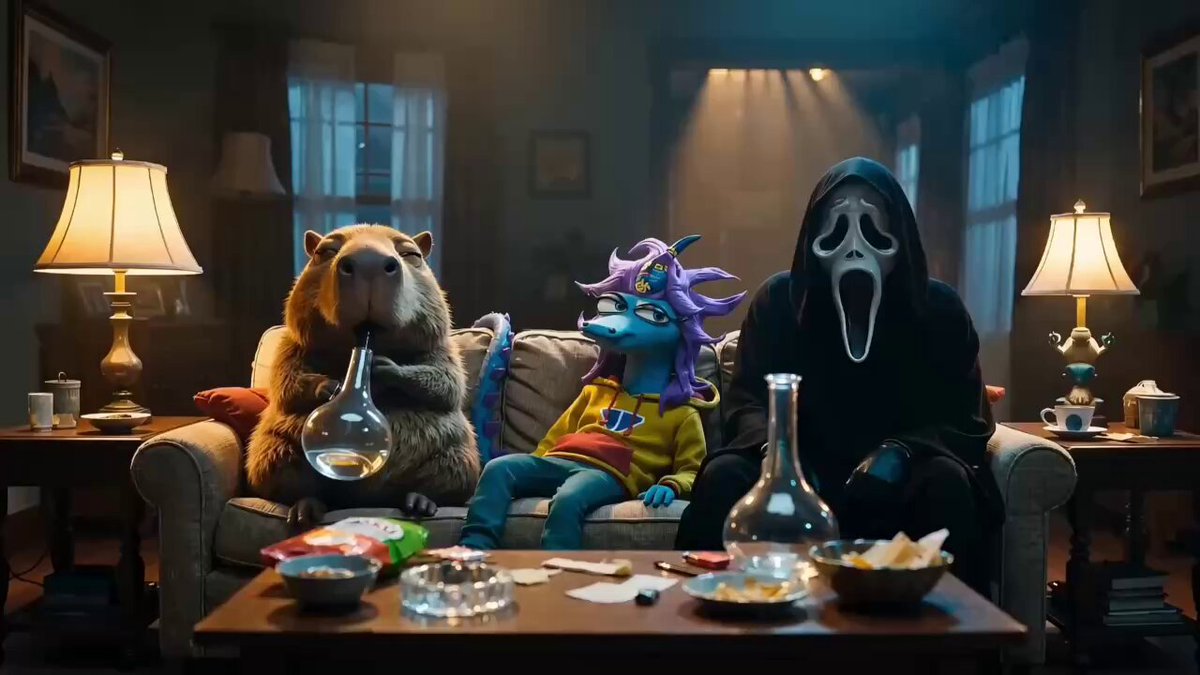 The image features a group of cartoon animals sitting together, including a bear holding a pipe, a frog, and a monster wearing a mask. They are all gathered around a table filled with various items such as cups, bowls, and bottles. The caption reads "We with @telegram intern".