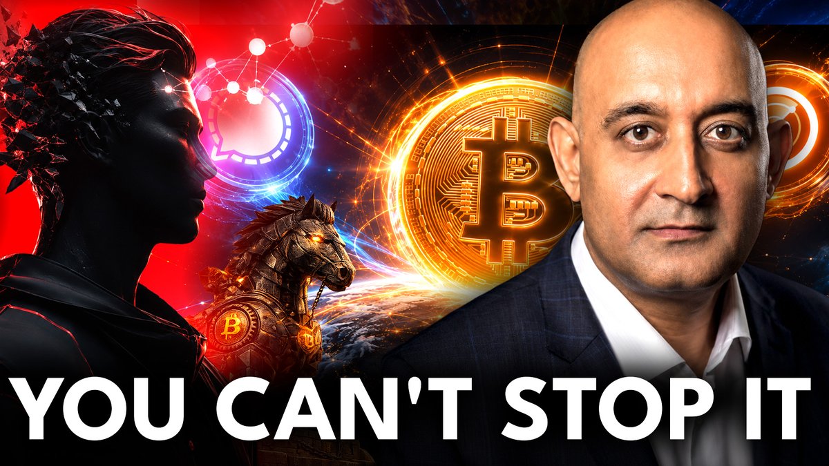 The image is a dramatic YouTube thumbnail featuring a bald man in a suit on the right, with a stylized silhouette of a person on the left alongside glowing Bitcoin logos, a fiery mechanical horse, and space imagery in the background. Bold white text reads "YOU CAN'T STOP IT" across the bottom, visually reinforcing the post's message about unstoppable self-custodial Bitcoin integration into Signal reaching its 150M users.