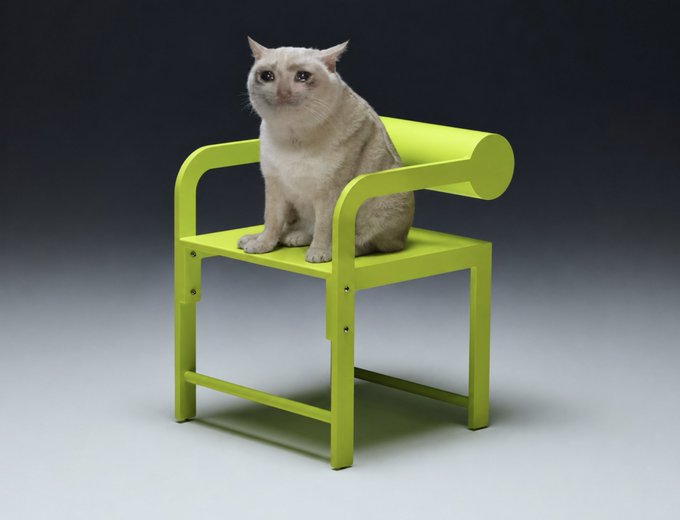 A cream-colored cat sits upright on a bright lime-green chair with rounded armrests, against a dark gradient background. The image humorously conveys the post's sentiment of feeling small, exposed, and out of place while holding Solana memecoins, much like a cat perched awkwardly on furniture not quite designed for it.