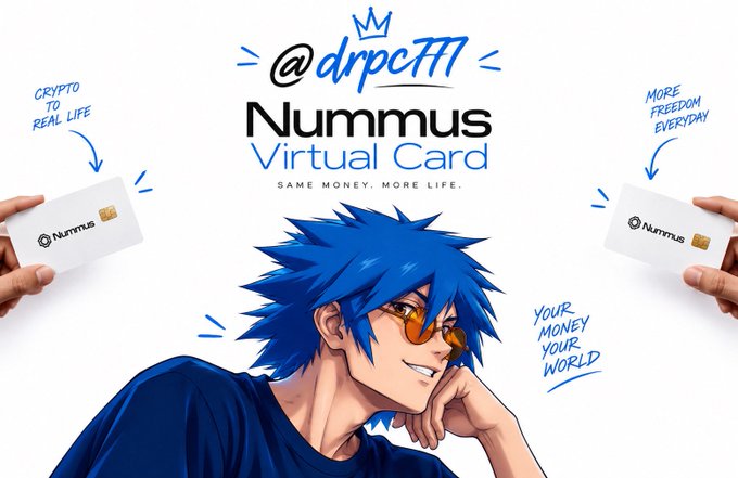 An advertisement featuring anime art for "@drpcFT" Nummus Virtual Card with the tagline "SAME MONEY. MORE LIFE."