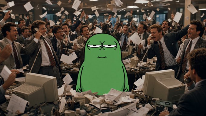 An angry green cartoon blob character stands amid a chaotic 1980s-style trading floor where businessmen shout into phones as paper flies through the air.