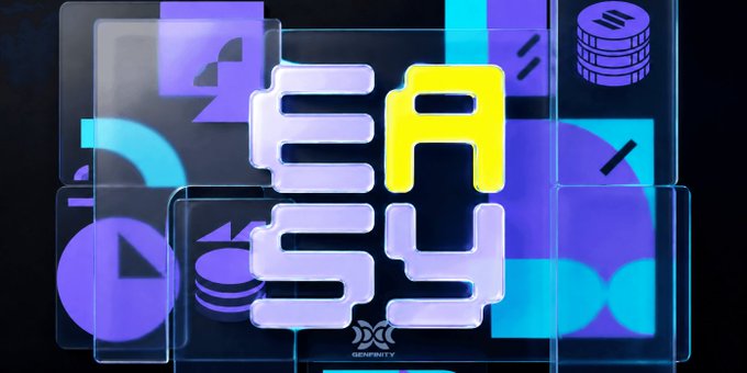Colorful graphic displaying the word "EASY" in stylized block letters over a layered, geometric background with purple and cyan panels, branded with a "Gennifty" logo.