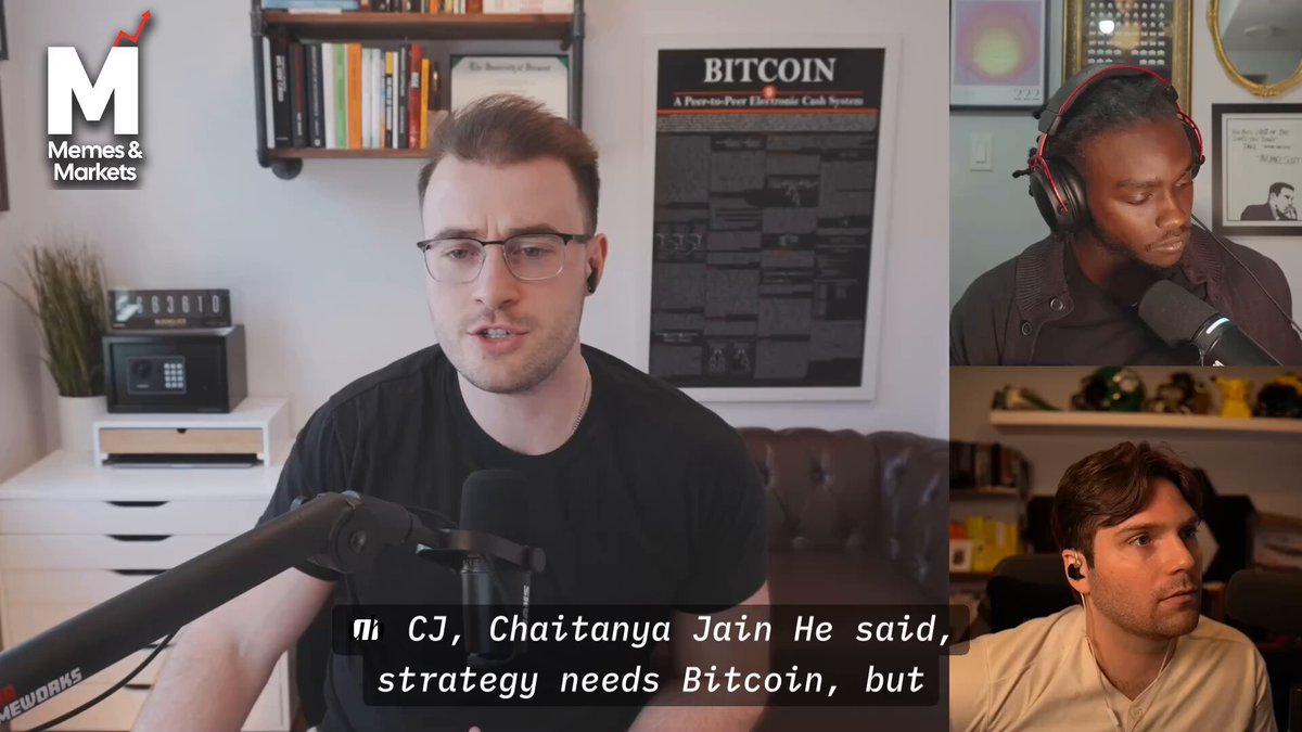 The image shows a man wearing glasses sitting at a desk with a microphone, likely recording an interview or podcast. The background features a bookshelf filled with various books, suggesting that he might be discussing Bitcoin or related topics. The caption of the image reads "Strategy needs Bitcoin. But Bitcoin doesn't need Strategy." This implies that while Bitcoin has value and potential for growth in the market, it does not require any specific strategy to maintain its worth or increase its value. Instead, Bitcoin's value is determined by factors such as supply and demand, mining efforts, and general market trends.
