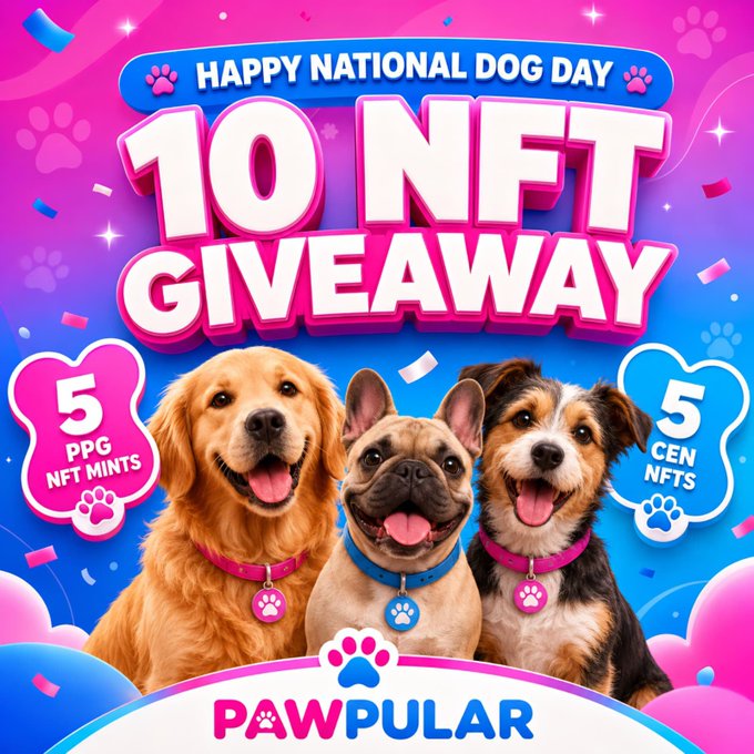 A vibrant "Happy National Dog Day" promotional graphic featuring three happy dogs (a Golden Retriever, French Bulldog, and Border Collie mix) against a pink and blue confetti-filled background, announcing a "10 NFT GIVEAWAY" from PawPular—5 PPG NFT Mints and 5 CEN NFTs.