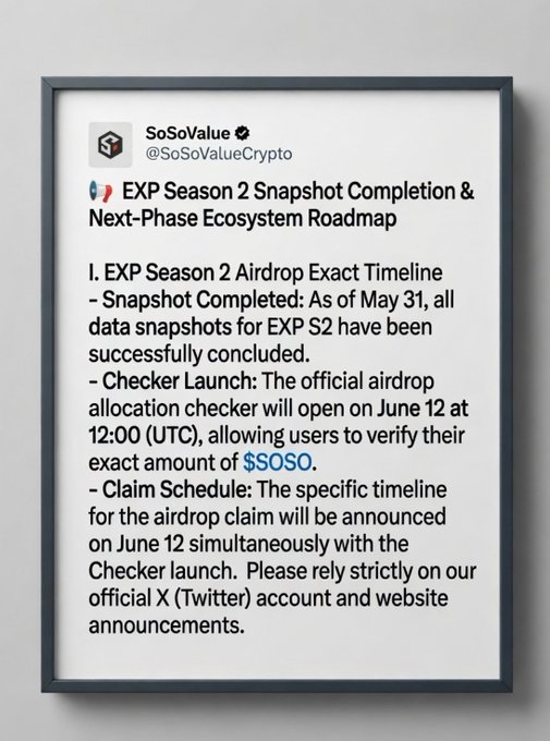 The image features a framed poster with text that congratulates people for their work at SOSO. The poster includes details about an upcoming project called "SOSO Snapshot" which involves a checker, allocation, and a claim schedule. The text on the poster is in black and white, making it easy to read. It also mentions that the project will be completed by June 12th.