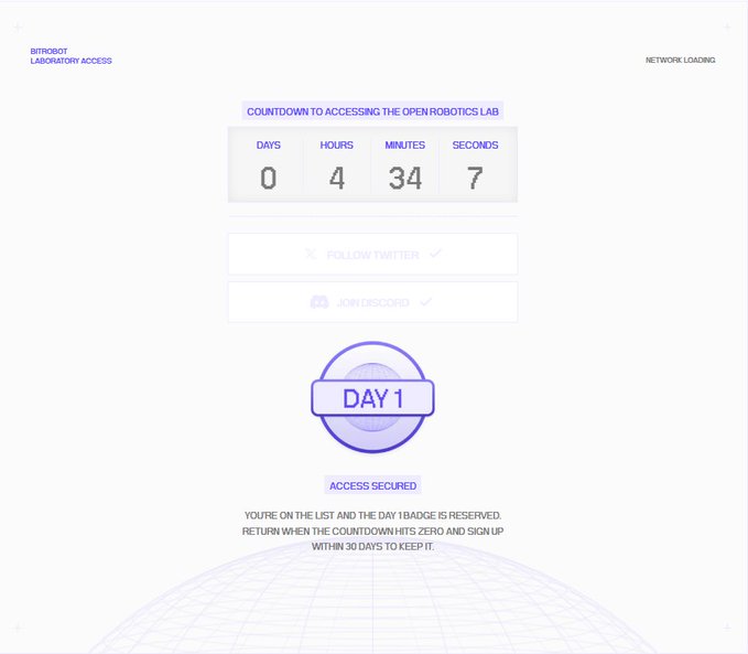 A webpage titled "BITROBOT LABORATORY ACCESS" displaying a countdown timer (0 days, 4 hours, 34 minutes, 7 seconds) for accessing the open robotics lab, with a "DAY 1" badge indicating "ACCESS SECURED".