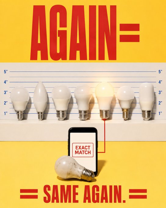 The image shows a lineup of lightbulbs of varying sizes on a yellow background, with one bulb highlighted and a phone displaying "EXACT MATCH" pointing to an identical replacement bulb below, framed by the bold red text "AGAIN=" at the top and "= SAME AGAIN. =" at the bottom. It illustrates the post's point about effective challenge entries by using a clean, visually striking concept with minimal text to grab attention and stop the scroll.