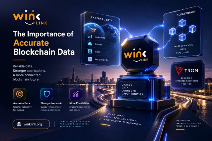 A promotional graphic for WinLink titled 'The Importance of Accurate Blockchain Data' featuring logos for WinLink and Tron, with text about oracles and external data.