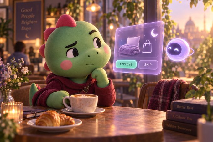 A 3D-rendered green dinosaur-like character sits at a café table with coffee and a croissant, interacting with a floating UI showing 'APPROVE' and 'SKIP' options next to a small purple moon sprite.