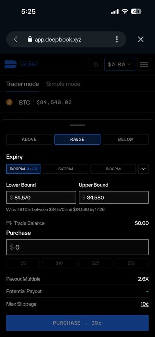 A mobile screenshot of app.deepbook.xyz showing a prediction market interface with 'Trader mode', BTC at $84,549.02, and a range betting option with lower bound $84,570 and upper bound $84,580.